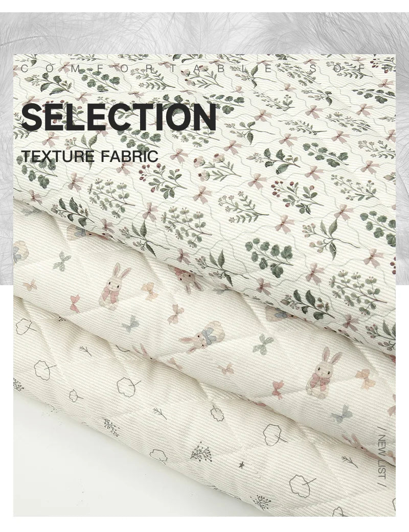 Rabbit & Tree Print Corduroy Fabric – 150cm Wide, Quilted Cotton Blend, 0.5m / 1m / 2m