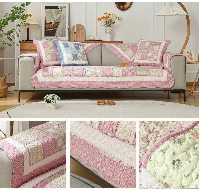 100% Cotton Quilted Sofa Cover – Anti-Slip Patchwork Floral Slipcover