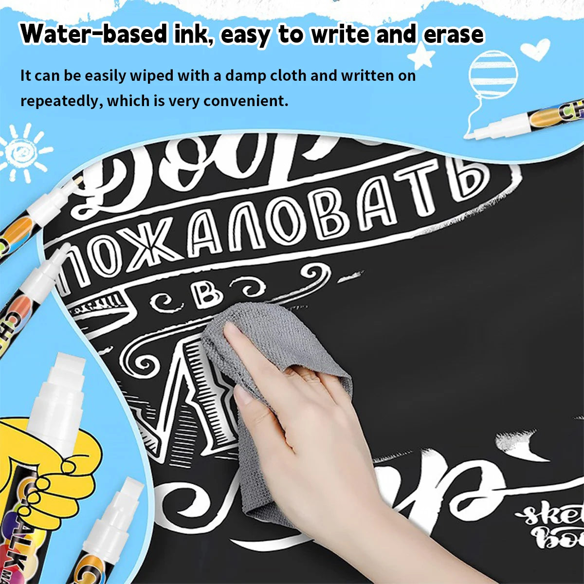 White Liquid Chalk Marker Pen – Erasable, Water-Based, 5 Tip Sizes