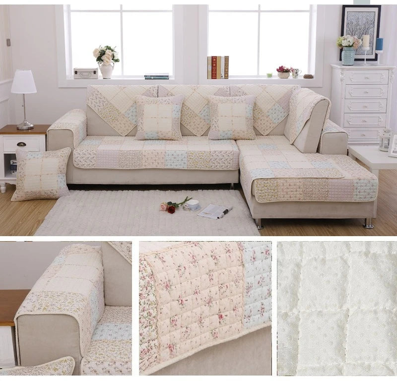 100% Cotton Quilted Sofa Cover – Anti-Slip Patchwork Floral Slipcover