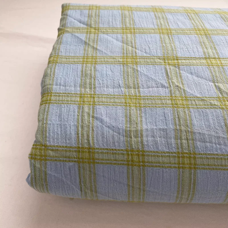 Blue & Green Mixed Check Wrinkled 100% Cotton Fabric — 135cm Wide