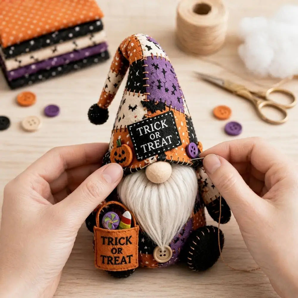 Halloween Gnome DIY Sewing Kit – Witch, Pumpkin & Gnome Doll Patchwork | Pre-Cut Fabric & Supplies Included