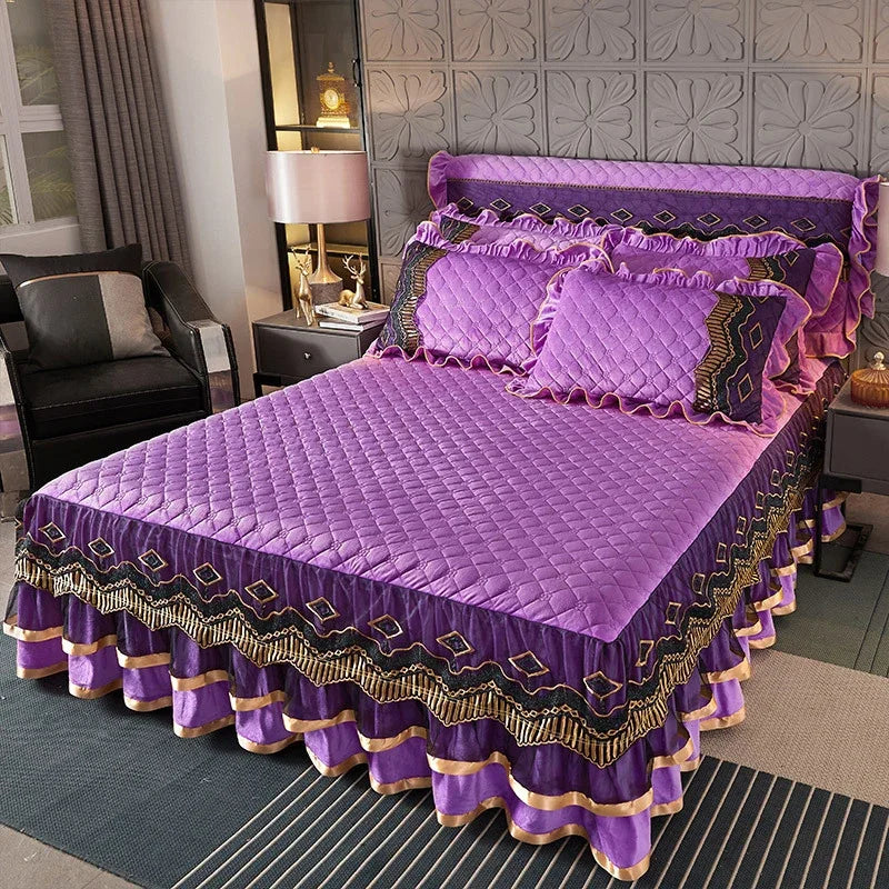 Luxury Crystal Velvet Quilted Bedspread – King & Queen Flannel Bed Skirt