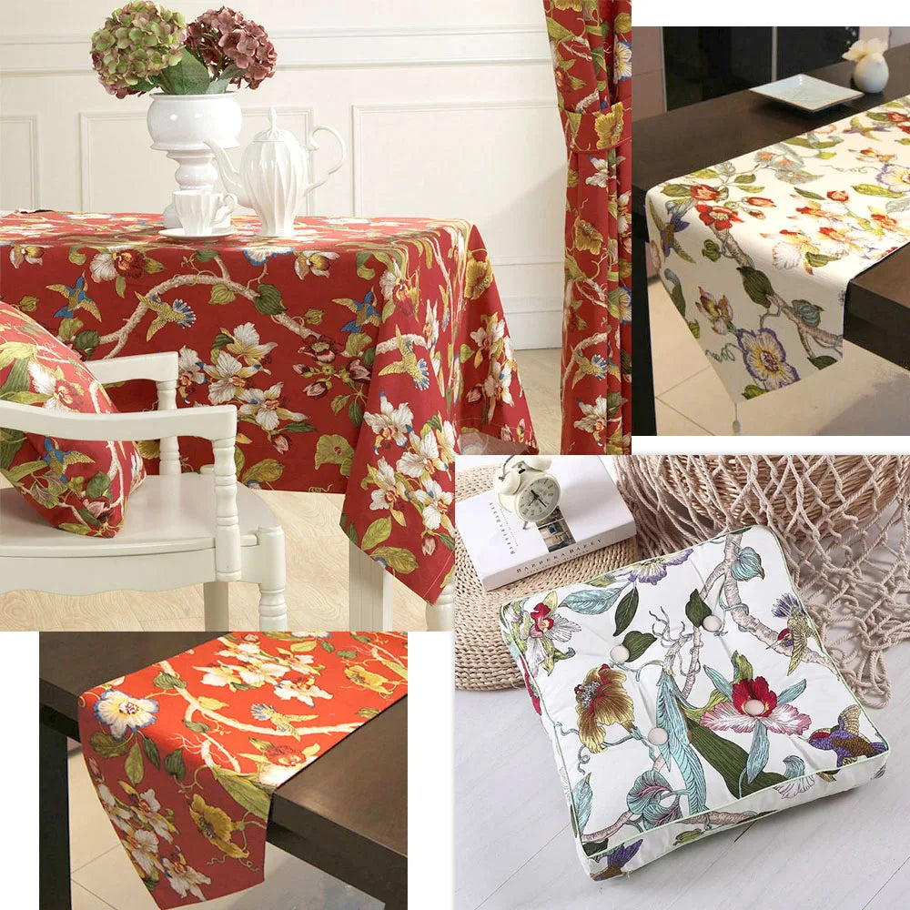 Floral & Bird Print Linen Cotton Fabric – 145cm Wide, Sold by 50cm – For Quilting, Upholstery, Bags & Home Décor