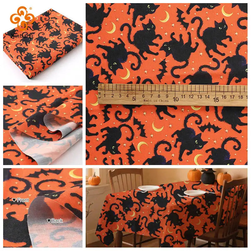 Halloween Bat & Black Cat Print Fabric — 100% Polyester | 0.5, 1 & 2 Meter Cuts