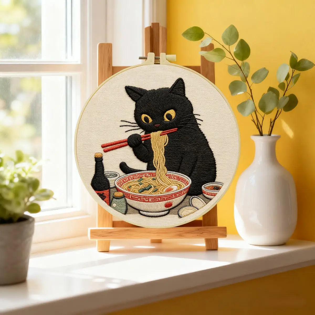 Kitten Eating Noodles Embroidery Starter Kit – DIY Beginner Embroidery Kit