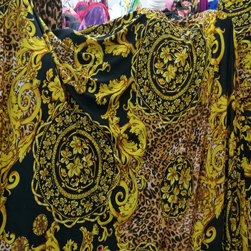 Yellow Leopard & African Flower Print Stretch Knit Fabric – 4-Way Elastic, 150 cm Wide