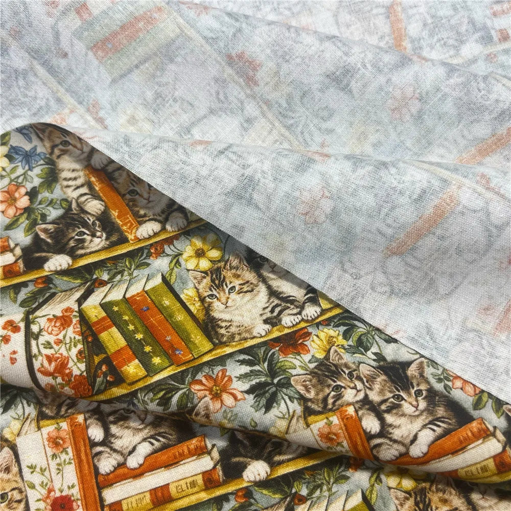 Bookshelf Cats & Flowers Cotton Fabric – Retro Patchwork Print, 145cm Wide, Sold by the Meter