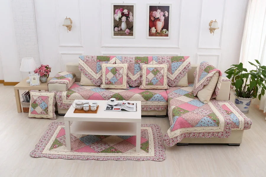 100% Cotton Quilted Sofa Cover – Anti-Slip Patchwork Floral Slipcover