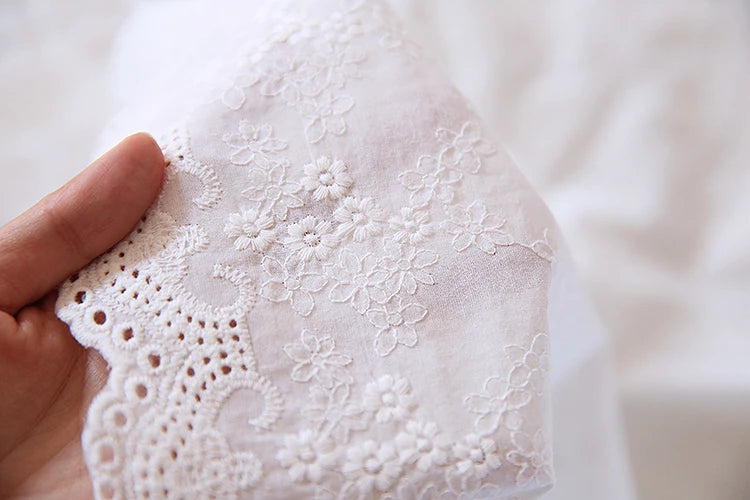 White Small Flower Embroidery 100% Cotton Fabric – 135cm Wide for Clothing, Quilting & DIY