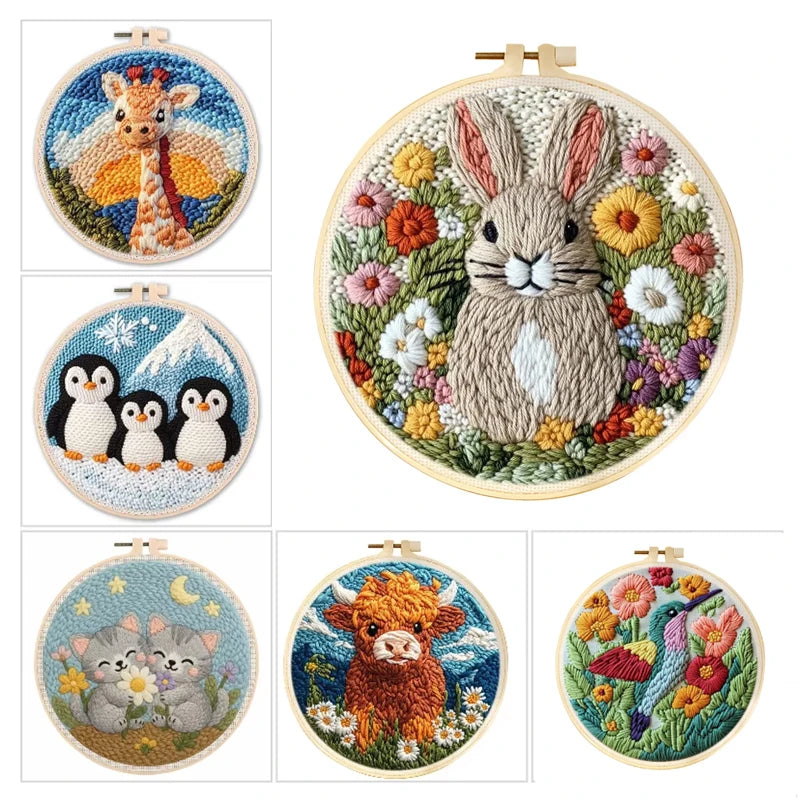 Punch Needle Embroidery Starter Kit – Animal Pattern | 20×20cm (7.8") with Hoop & Yarn