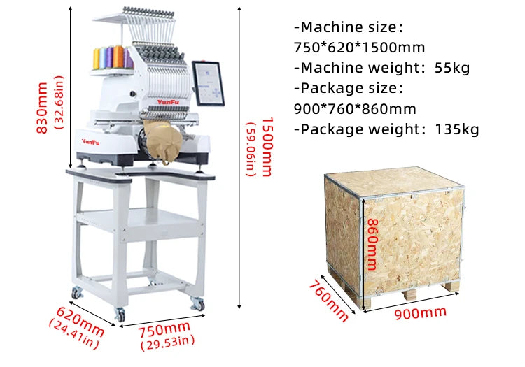 YunFu Single Head Commercial Embroidery Machine – 9/12/15 Needle, Dahao A15 Computer