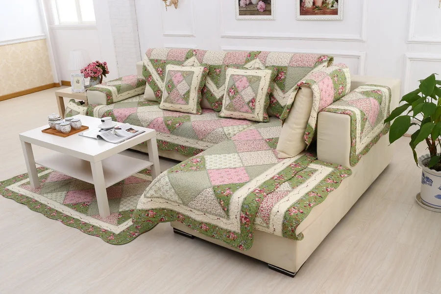 100% Cotton Quilted Sofa Cover – Anti-Slip Patchwork Floral Slipcover