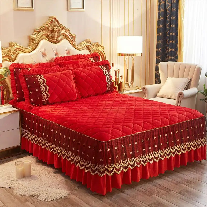 mtuove Luxury Flannel Velvet Quilted Bedspread – Lace Edge, Anti-Slip, Winter Warm Bed Cover