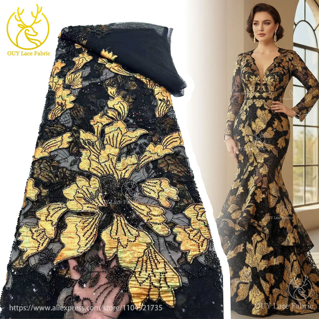 Tela de encaje bordado con cuentas de jacquard africano 2026, tul francés, tela de encaje con lentejuelas para vestido de novia de mujer, material de costura