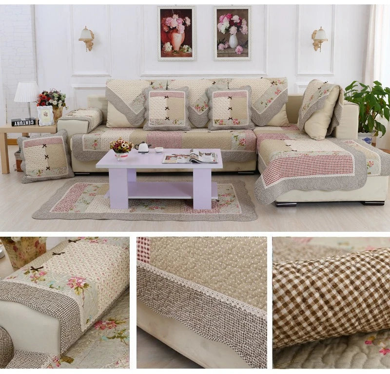 100% Cotton Quilted Sofa Cover – Anti-Slip Patchwork Floral Slipcover