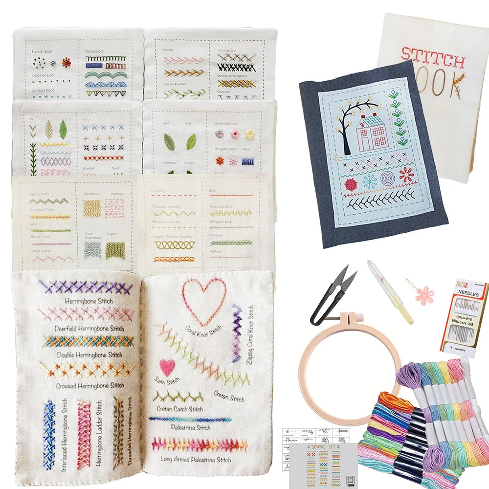 Creative Embroidery Stitches Book for Beginners – Step-by-Step Hand Embroidery Kit with Floral Linen Canvas