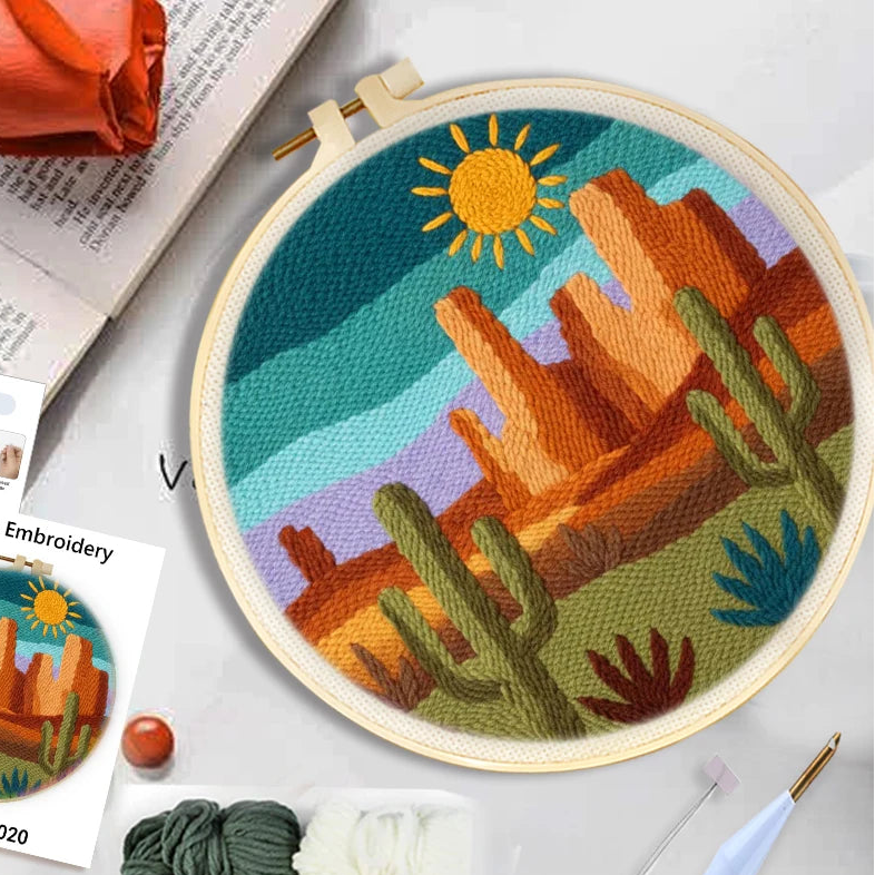 Set de kit de aguja mágica con patrón de paisaje, bordado en bastidor de ciudad y desierto con marco para principiantes, juego de manualidades de mechones de hilo de bricolaje