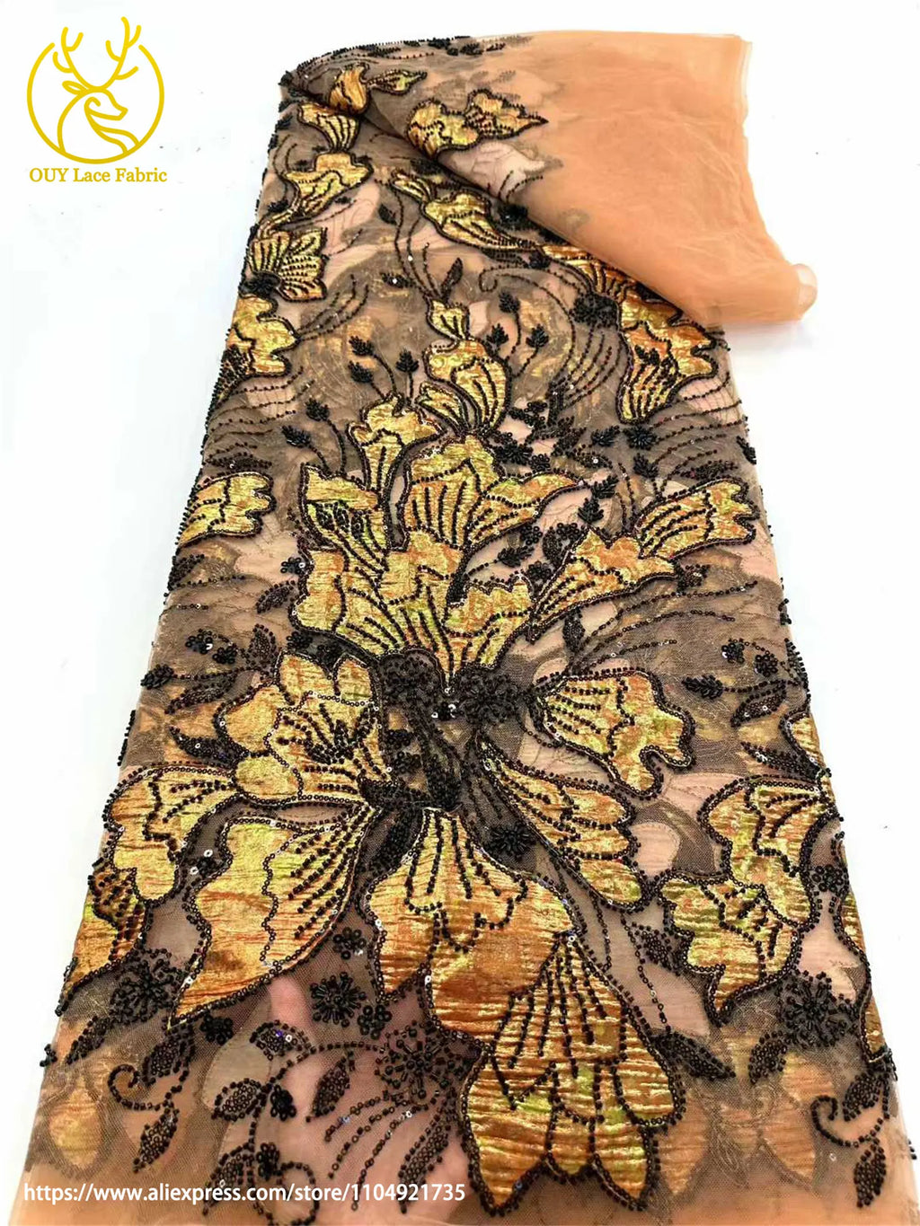 Tela de encaje bordado con cuentas de jacquard africano 2026, tul francés, tela de encaje con lentejuelas para vestido de novia de mujer, material de costura