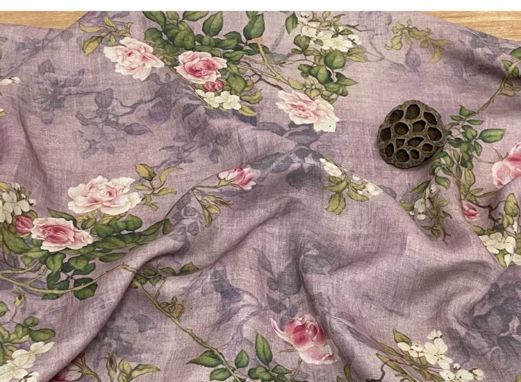 Purple Floral Print 100% Ramie Fabric | 138cm Wide | Summer Sewing & Quilting