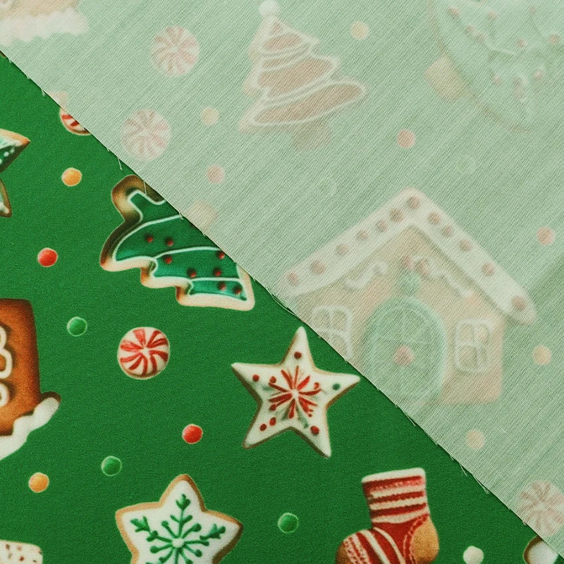 Tela estampada de pan de jengibre navideño y festivo – 100% poliéster, 150 cm de ancho