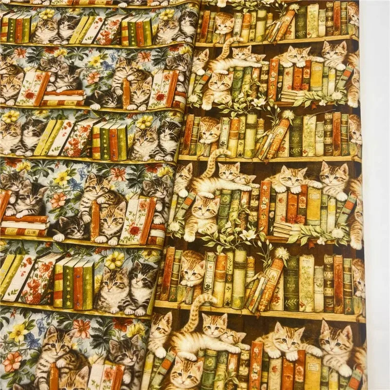 Bookshelf, Flowers & Cats Printed Cotton Fabric — 145cm Wide, 240gsm