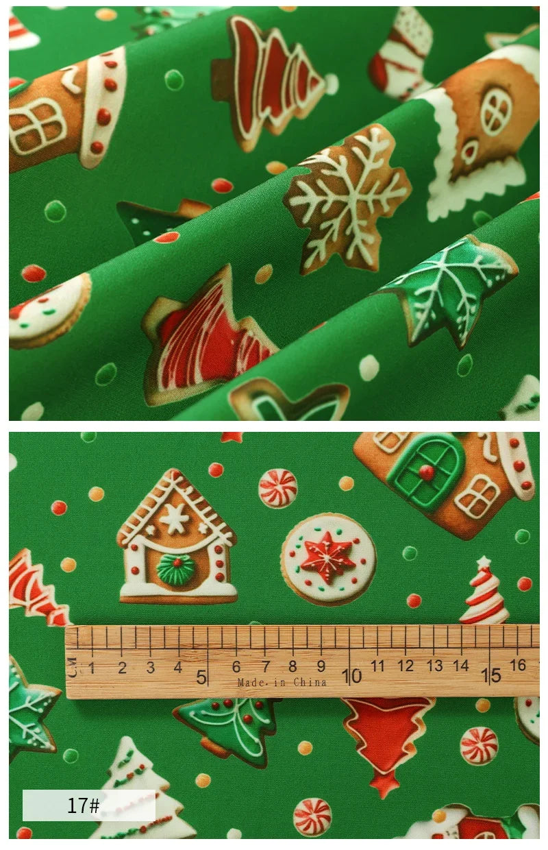 Tela estampada de pan de jengibre navideño y festivo – 100% poliéster, 150 cm de ancho