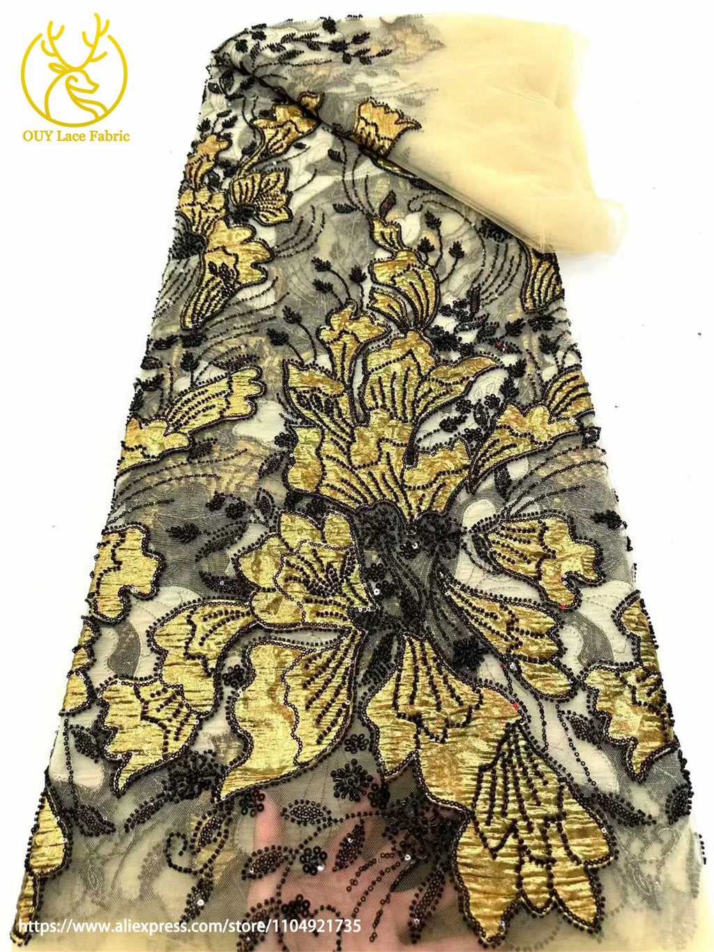 Tela de encaje bordado con cuentas de jacquard africano 2026, tul francés, tela de encaje con lentejuelas para vestido de novia de mujer, material de costura