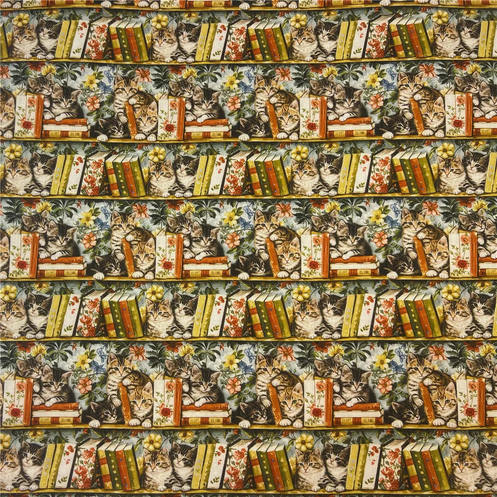 Bookshelf Cats & Flowers Cotton Fabric – Retro Patchwork Print, 145cm Wide, Sold by the Meter