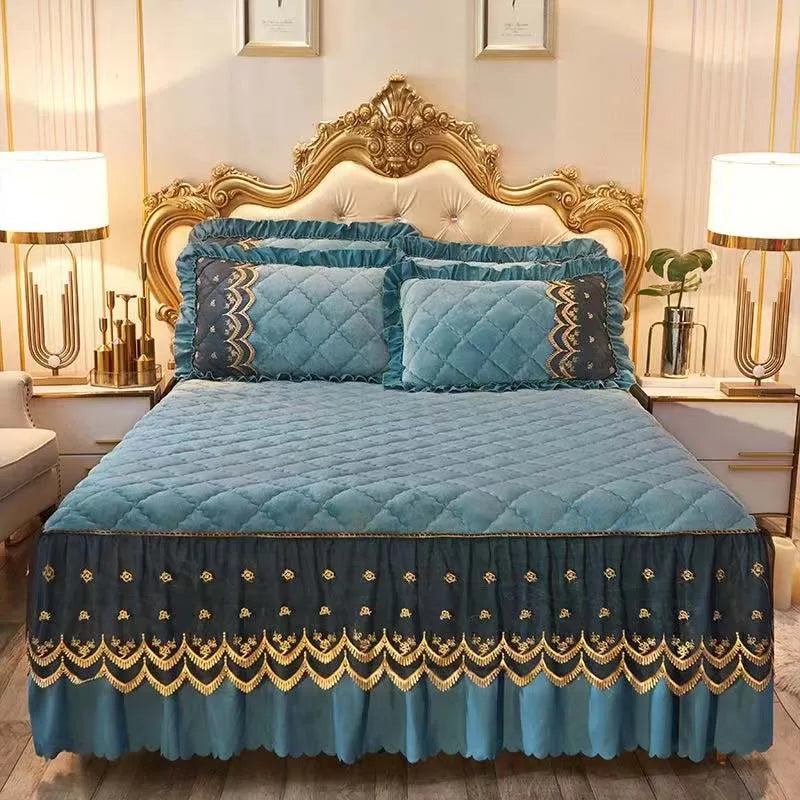 mtuove Luxury Flannel Velvet Quilted Bedspread – Lace Edge, Anti-Slip, Winter Warm Bed Cover