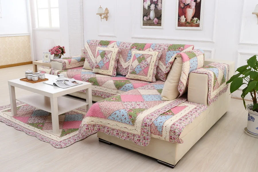 100% Cotton Quilted Sofa Cover – Anti-Slip Patchwork Floral Slipcover