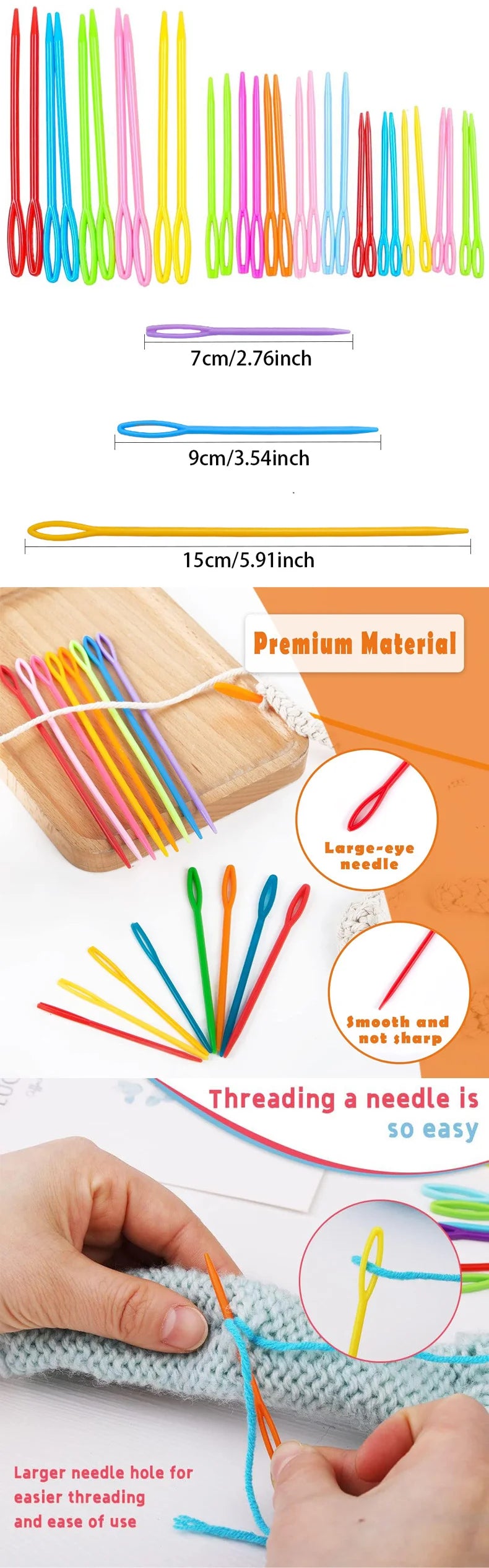 Agujas de coser de plástico de ojo grande, 30 unidades – Agujas coloridas de seguridad para enlazar y para lana para manualidades