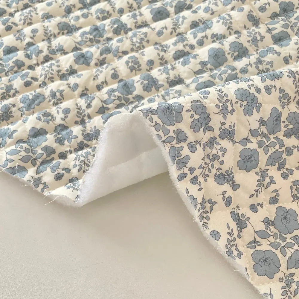Forest Style Quilted Blue Floral Fabric – 53" Wide Soft Thick Outerwear Fabric, Sold by the Meter