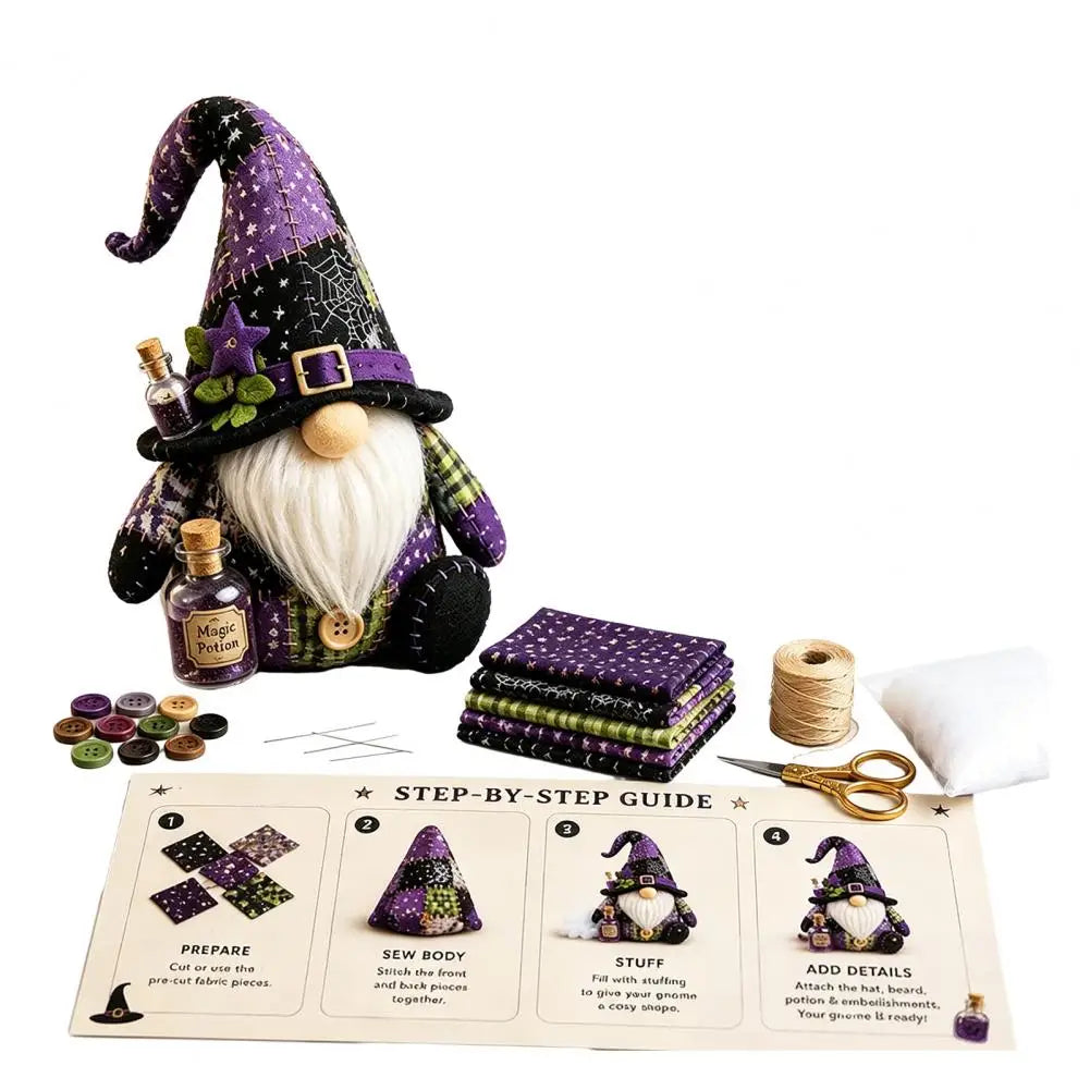 Halloween Gnome DIY Sewing Kit – Witch, Pumpkin & Gnome Doll Patchwork | Pre-Cut Fabric & Supplies Included
