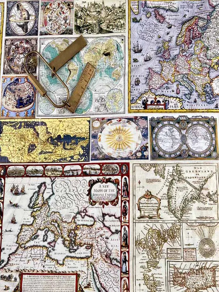Vintage Newspaper & Map Digital Print 100% Cotton Fabric — 110cm Wide