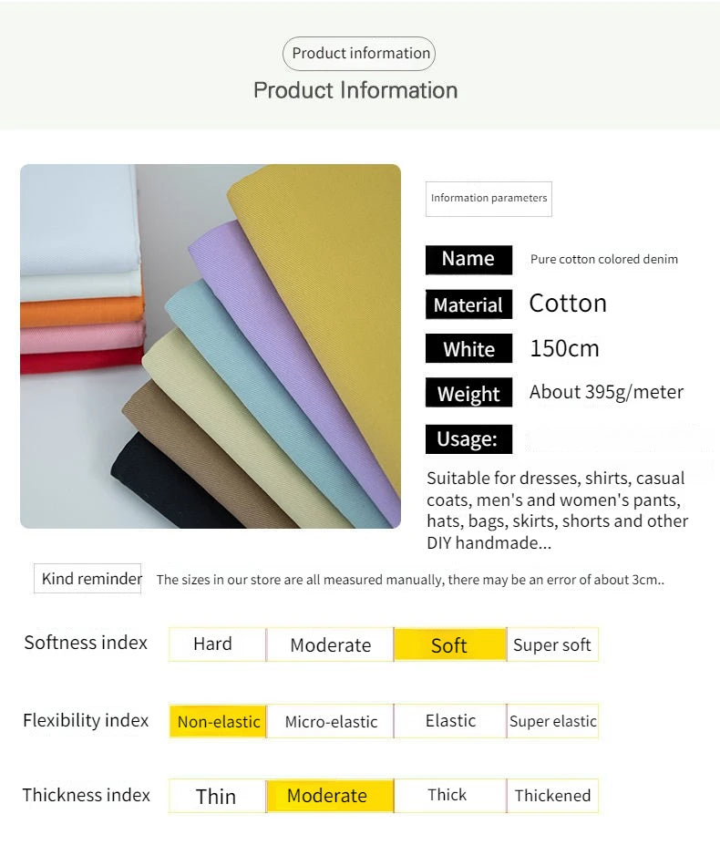 Thick Colored 100% Cotton Denim Fabric – 150cm Wide, 395g/m for Jeans, Coats, Bags & DIY