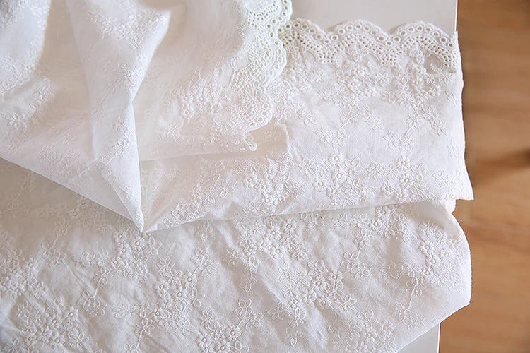White Small Flower Embroidery Pure Cotton Fabric | 135cm Wide | Sold by the Meter