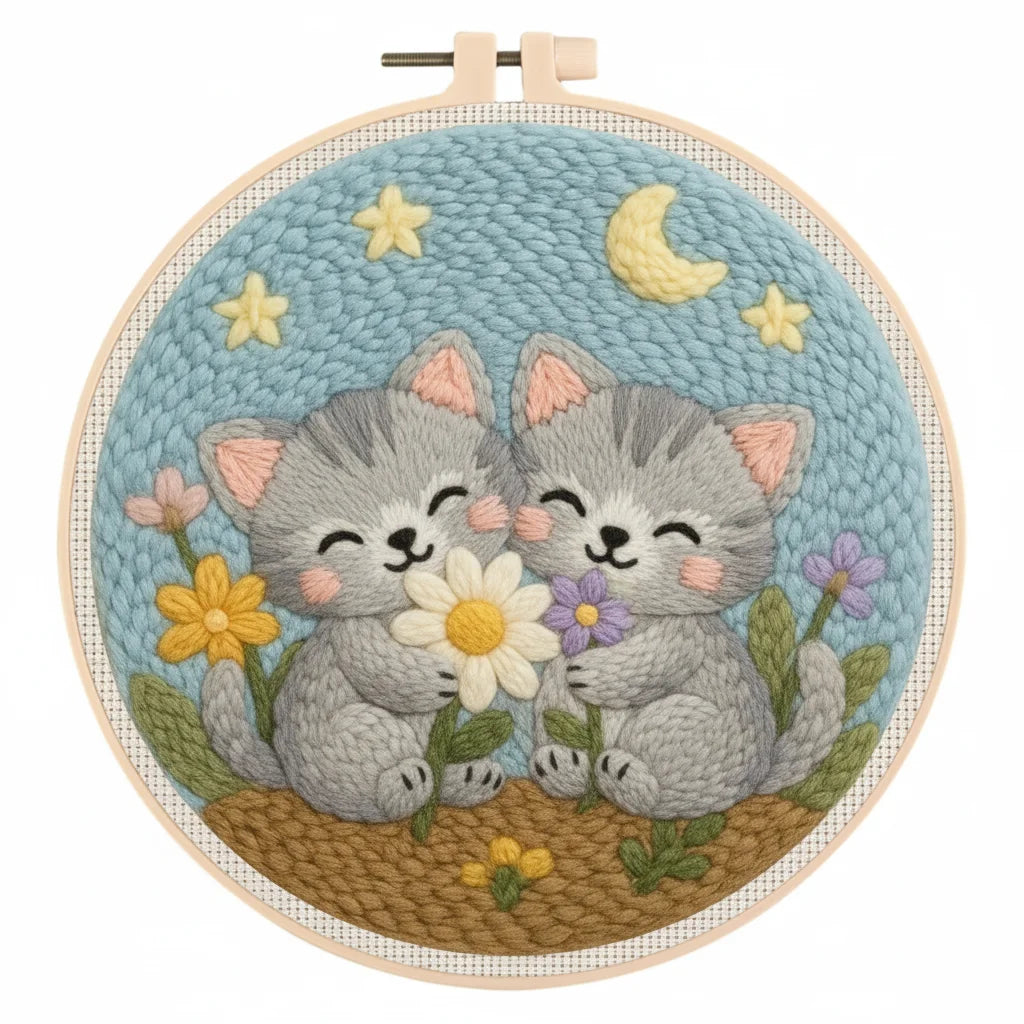 Punch Needle Embroidery Starter Kit – Animal Pattern | 20×20cm (7.8") with Hoop & Yarn