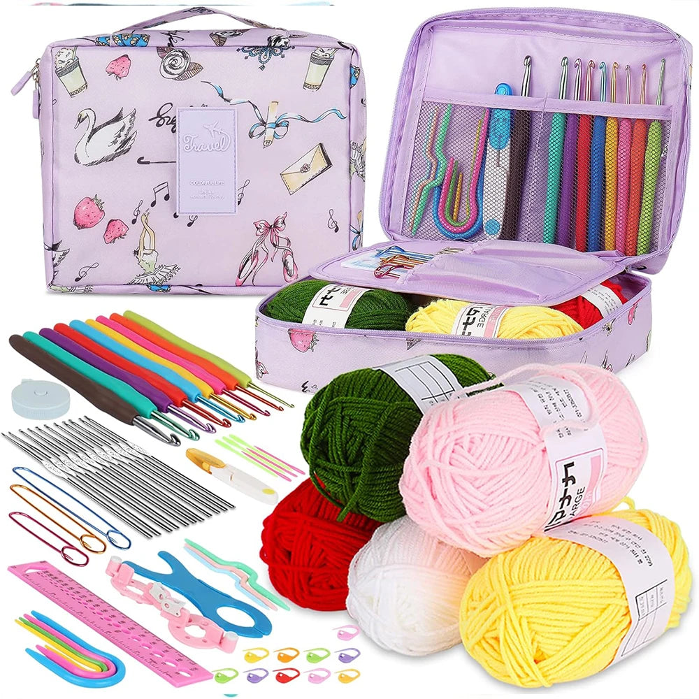 Juego de ganchillos ergonómicos y kit para principiantes — Lana, agujas de acero y suministros de tejido | 8 tipos