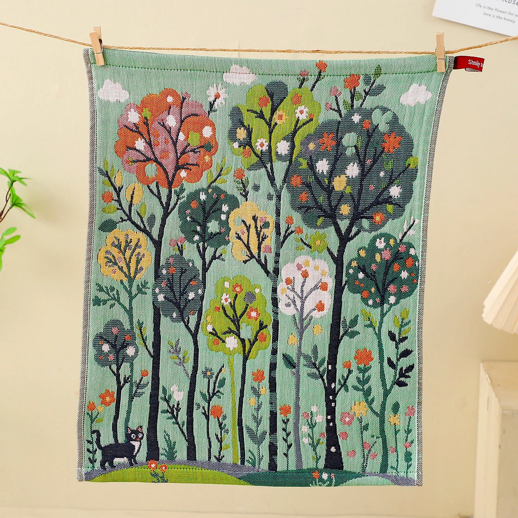 Forest Pattern 4-Layer Cotton Gauze Hand Towels – Set of 4, Quick-Dry & Water-Absorbent – For Kitchen, Dining & Cleaning