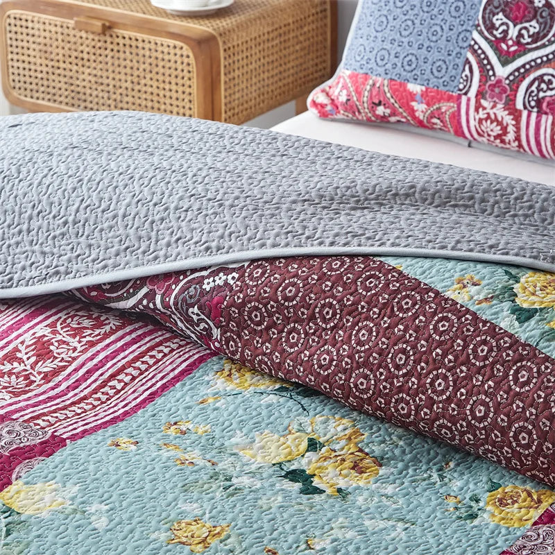 3-Piece Cotton Quilted Bedspread Set – Soft Pastoral Print | Bedsheet & 2 Pillowcases | 4 Sizes, 6 Colors
