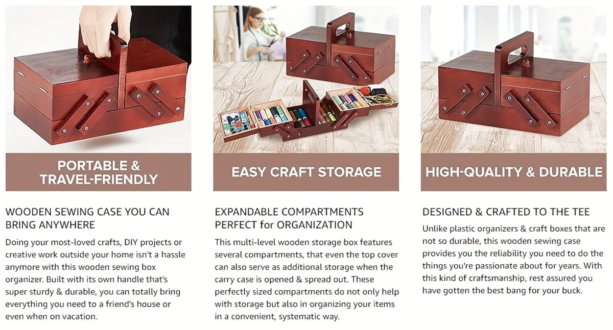 Wooden Expandable Sewing Box with Handle