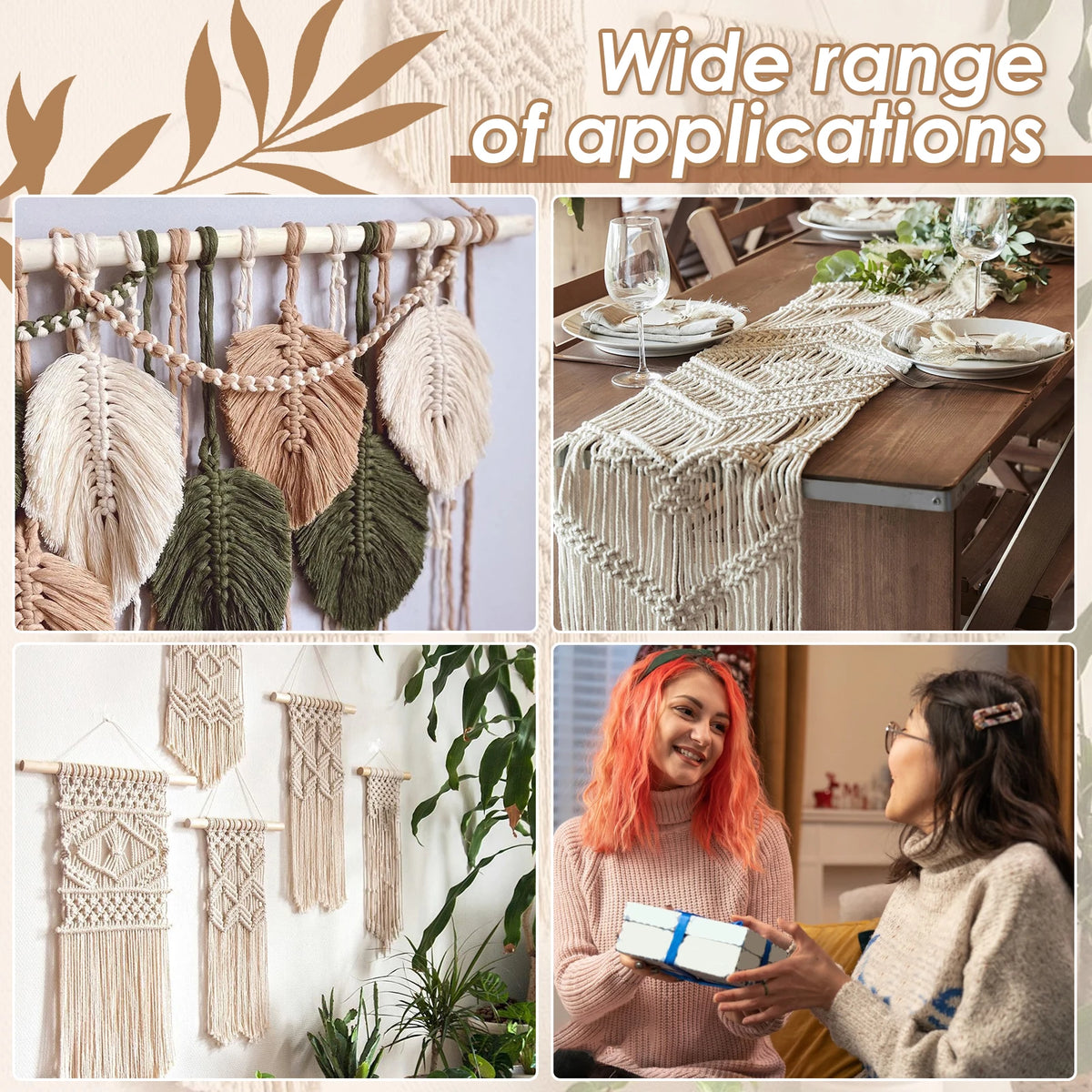 Kit de Macramé para Colgar de Pared DIY – Cuerda de Algodón, Cuentas y Anillos de Madera | Set de Macramé para Principiantes