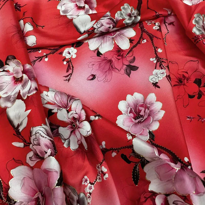 Red Floral Foil Print Satin Fabric – Silky 100% Polyester, 150cm Wide – For Dresses, Gowns & DIY Décor