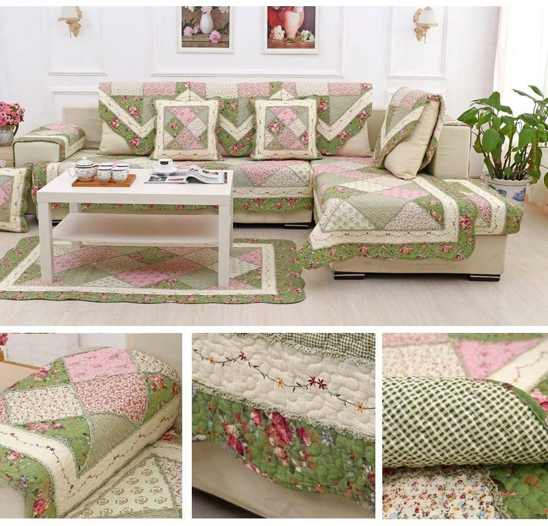 100% Cotton Quilted Sofa Cover – Anti-Slip Patchwork Floral Slipcover
