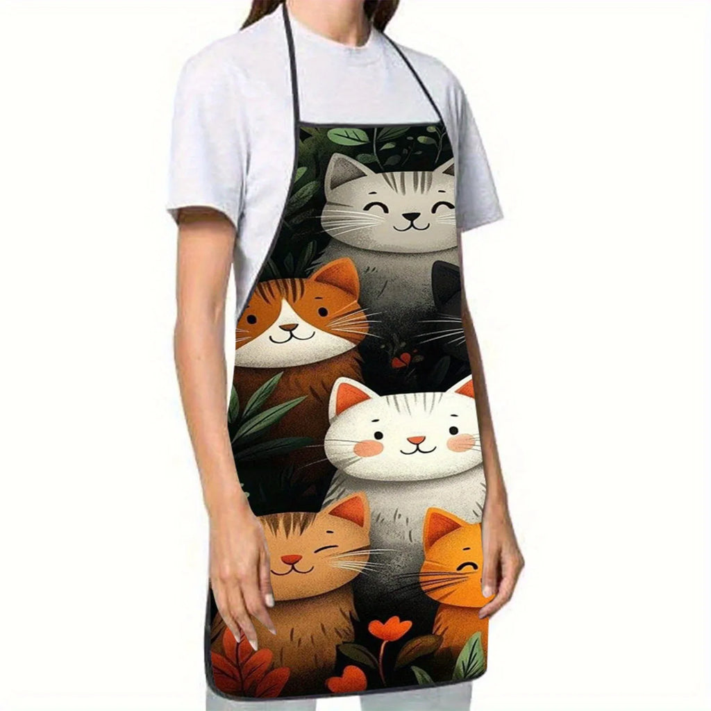 Cute Cat Print Kitchen Apron – Cartoon Cats with Hearts & Stars | Polyester Waist Apron for Cooking, Baking & Crafting