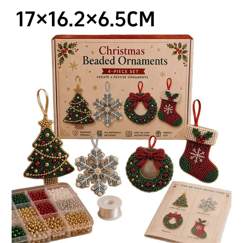 Kit de adornos de Navidad con cuentas — Juego de 4 piezas | Árbol, copo de nieve, corona y calcetín
