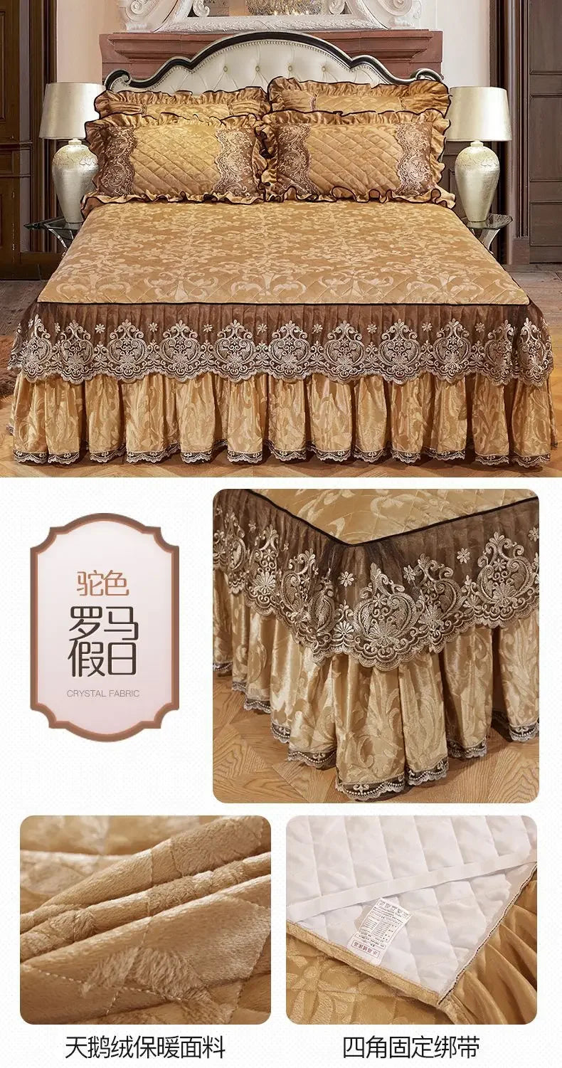 Lace Plush Quilted Bed Skirt – European Style Anti-Slip Mattress Cover | 45 cm Drop
