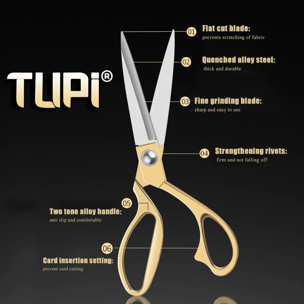 TUPI Professional Tailor Scissors – 24cm SK5 Steel, Ergonomic Bent Handle, Gold