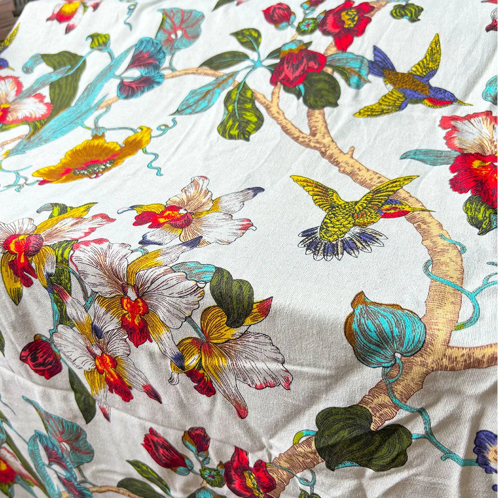 Floral & Bird Print Linen Cotton Fabric – Quilting, Patchwork & Home Décor (145cm Wide)